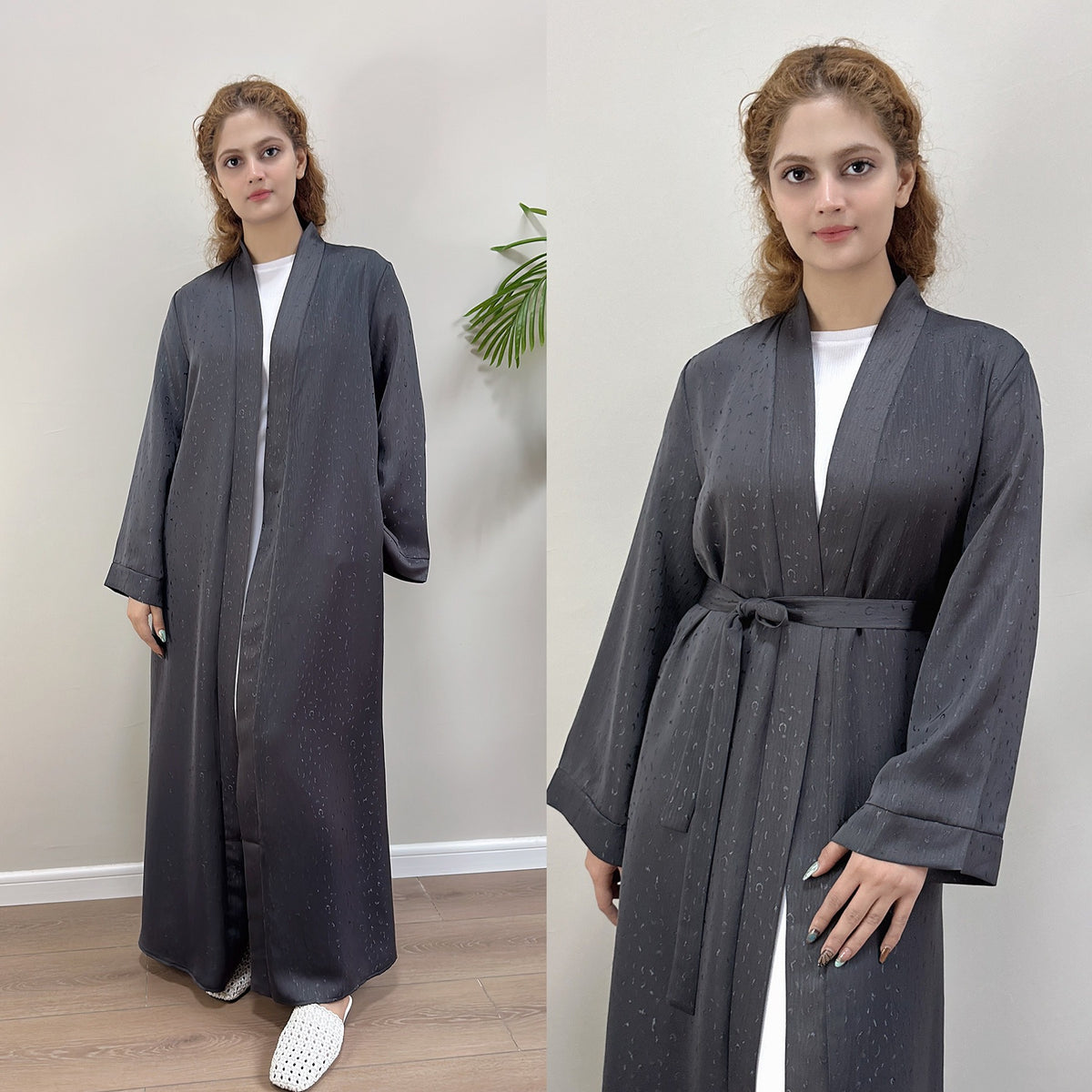 3D Jacquard Abaya – Elegant Belted Dress or Open Abaya | side view | Maha The Label modest wear