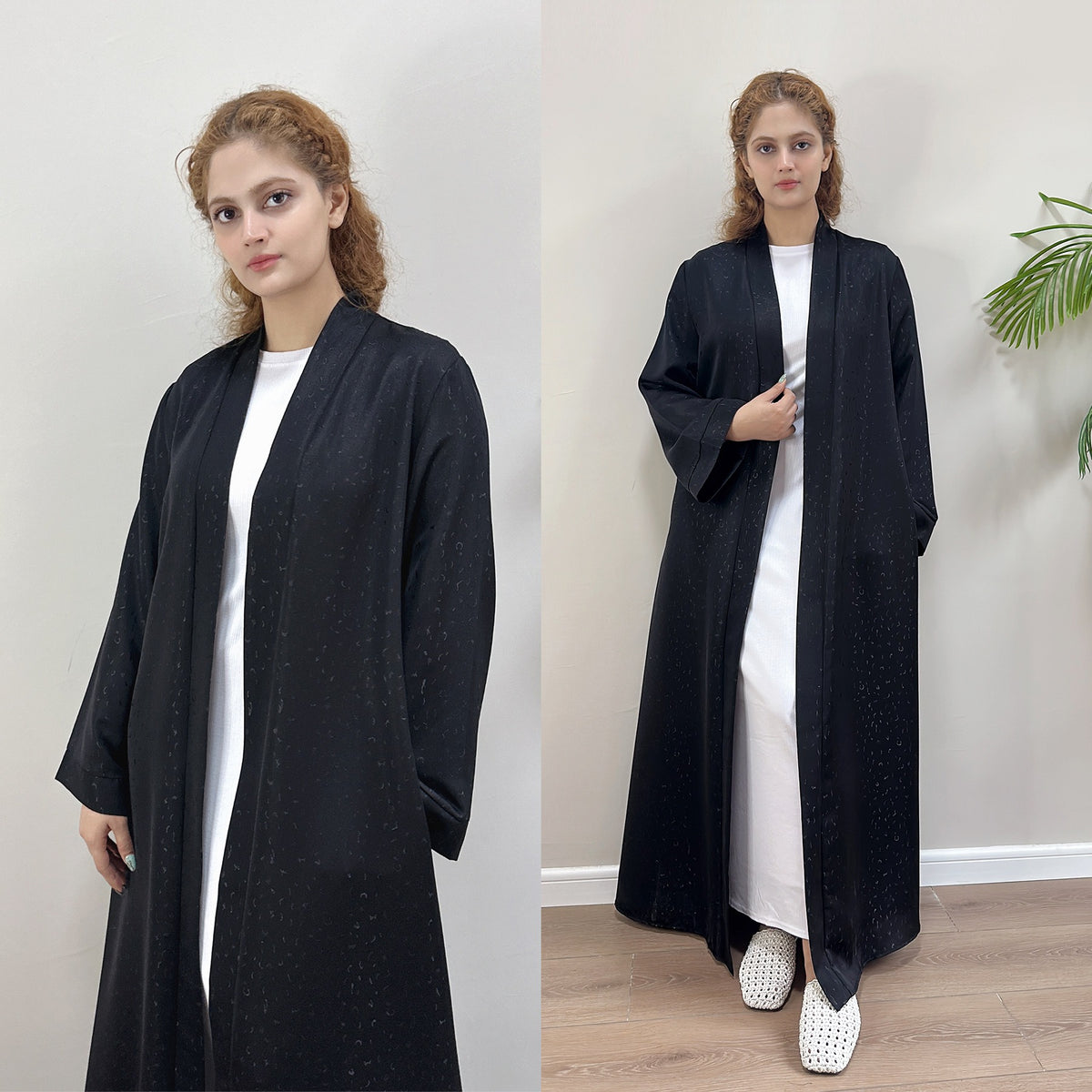 3D Jacquard Abaya – Elegant Belted Dress or Open Abaya | detail close-up | Maha The Label modest wear