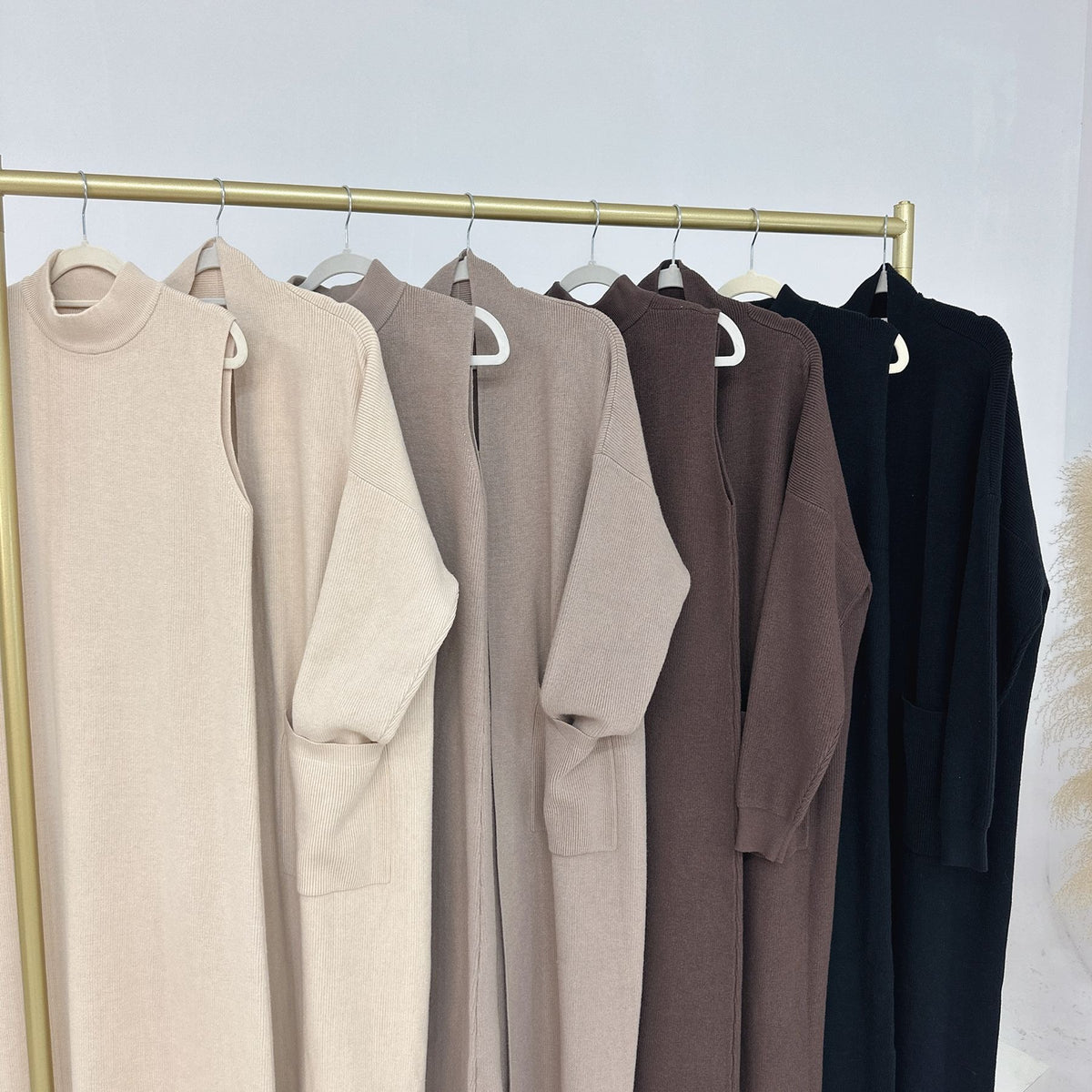 MH82 Winter Knit Abaya Set – 2-Piece Modest Co-ord (Open Cardigan + Inner Dress) with Pockets