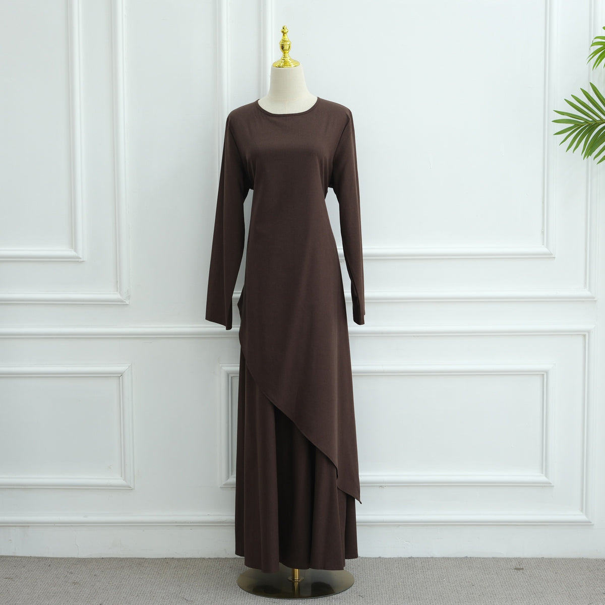 MH87 Modest Cotton-Linen Two-Piece Set – Asymmetric Drape Top & Maxi Skirt | Muslim Women Outfit for Eid & Daily Wear