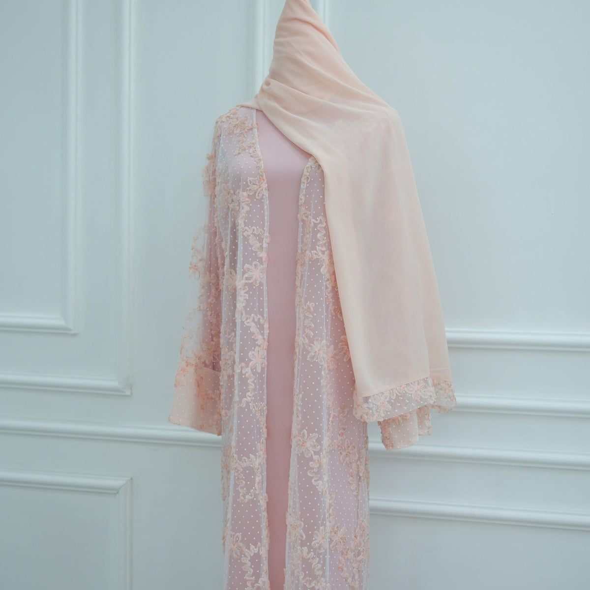 MH135 3D Floral Mesh Cardigan Abaya Set with Hijab – Elegant Modest Open Front Dress for Muslim Women