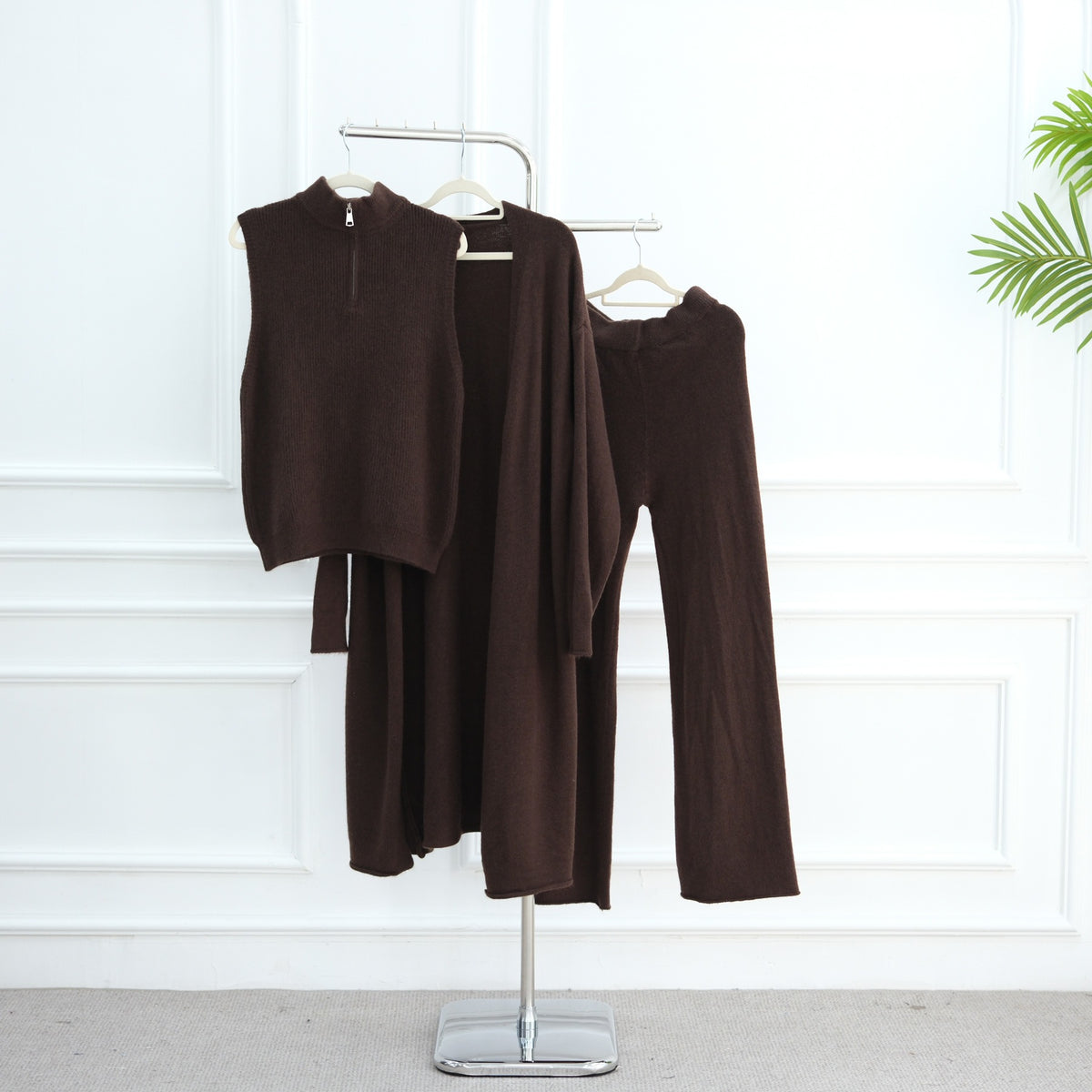 MH73 Muslim Women Winter Knit Abaya Set – 3-Piece Cardigan, Vest & Pants