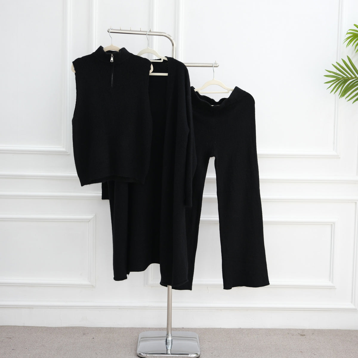 MH73 Muslim Women Winter Knit Abaya Set – 3-Piece Cardigan, Vest & Pants