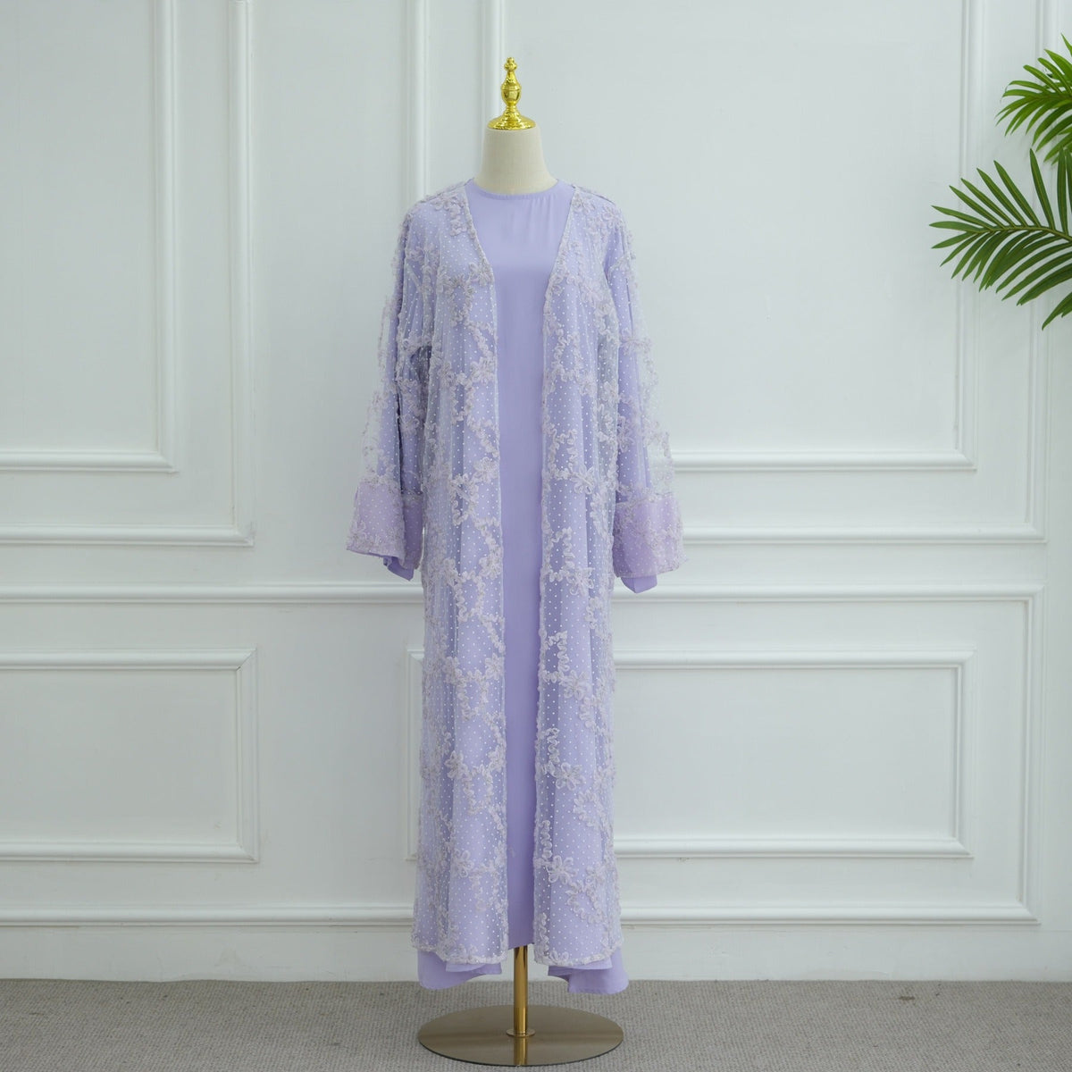 MH135 3D Floral Mesh Cardigan Abaya Set with Hijab – Elegant Modest Open Front Dress for Muslim Women