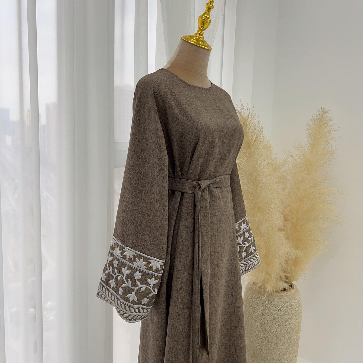 Ramadan Dubai Abaya Dress - Soft Embroidery Kefiyyeh Belted Robe | Modest Islamic Clothing for Women - Mahathelabel
