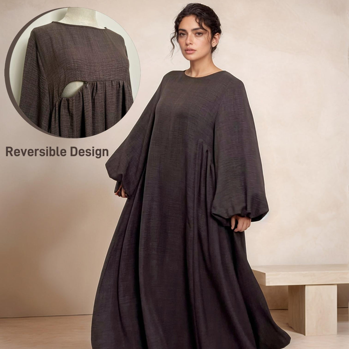 Nursing Zip Pocket Abaya – Single-Zip, Reversible Front/Back | full length view | Maha The Label modest fashion outfit