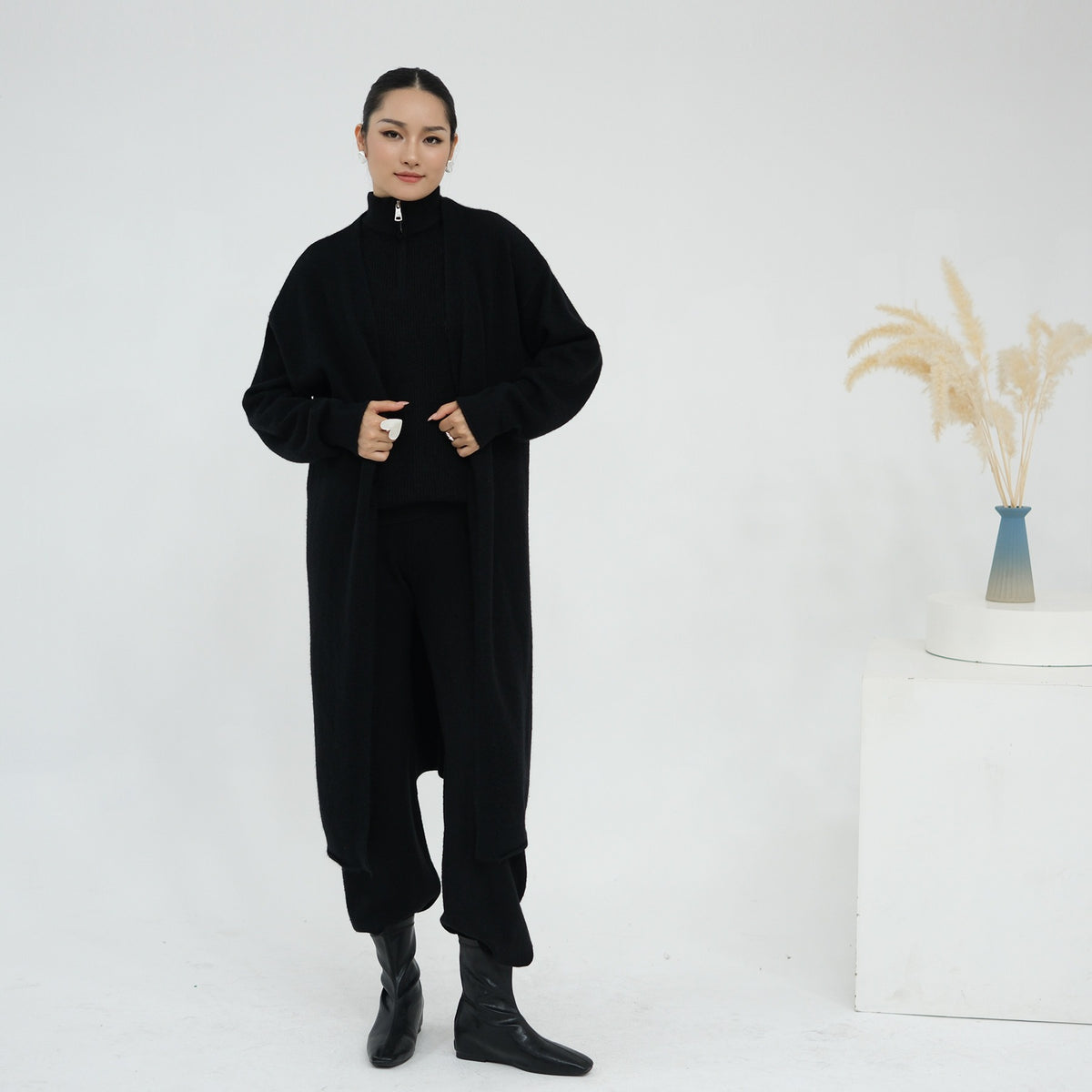 MH73 Muslim Women Winter Knit Abaya Set – 3-Piece Cardigan, Vest & Pants