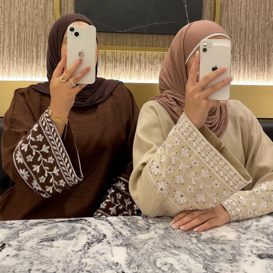 Ramadan Dubai Abaya Dress - Soft Embroidery Kefiyyeh Belted Robe | Modest Islamic Clothing for Women - Mahathelabel