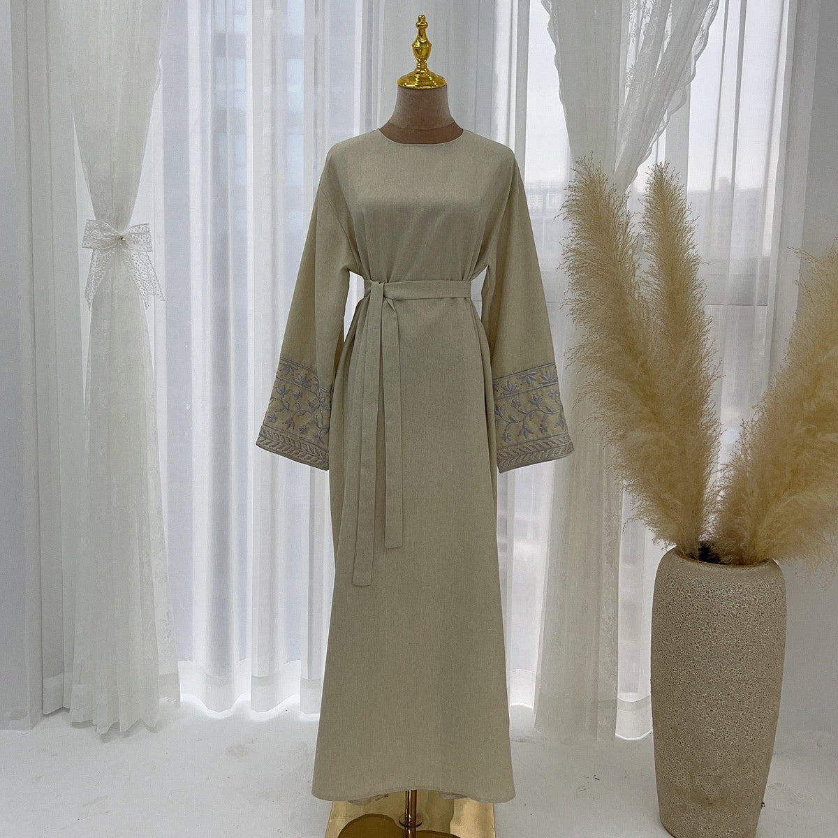 Ramadan Dubai Abaya Dress - Soft Embroidery Kefiyyeh Belted Robe | Modest Islamic Clothing for Women - Mahathelabel