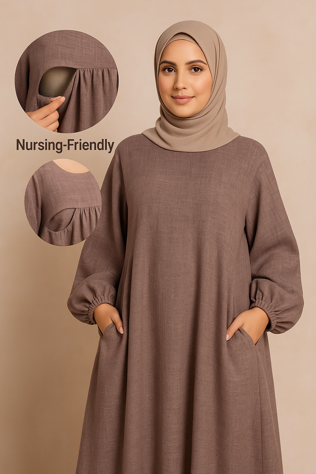 Nursing Zip Pocket Abaya – Single-Zip, Reversible Front/Back | front view | Maha The Label modest fashion outfit