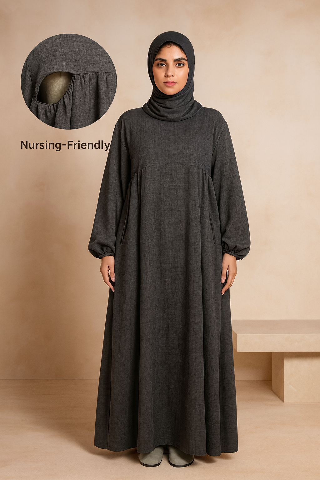 Nursing Zip Pocket Abaya – Single-Zip, Reversible Front/Back | view 11 | Maha The Label modest fashion outfit