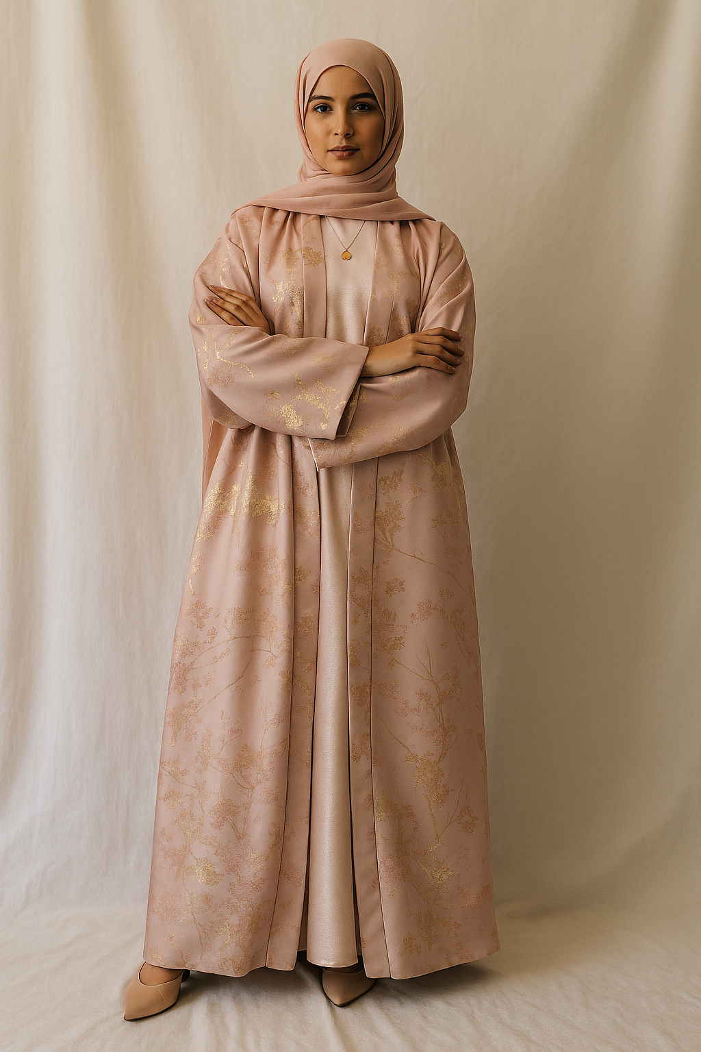 MH98 Sakura Pink Kimono Abaya – Embroidered Eid Abaya with Golden Details（Ship right away））