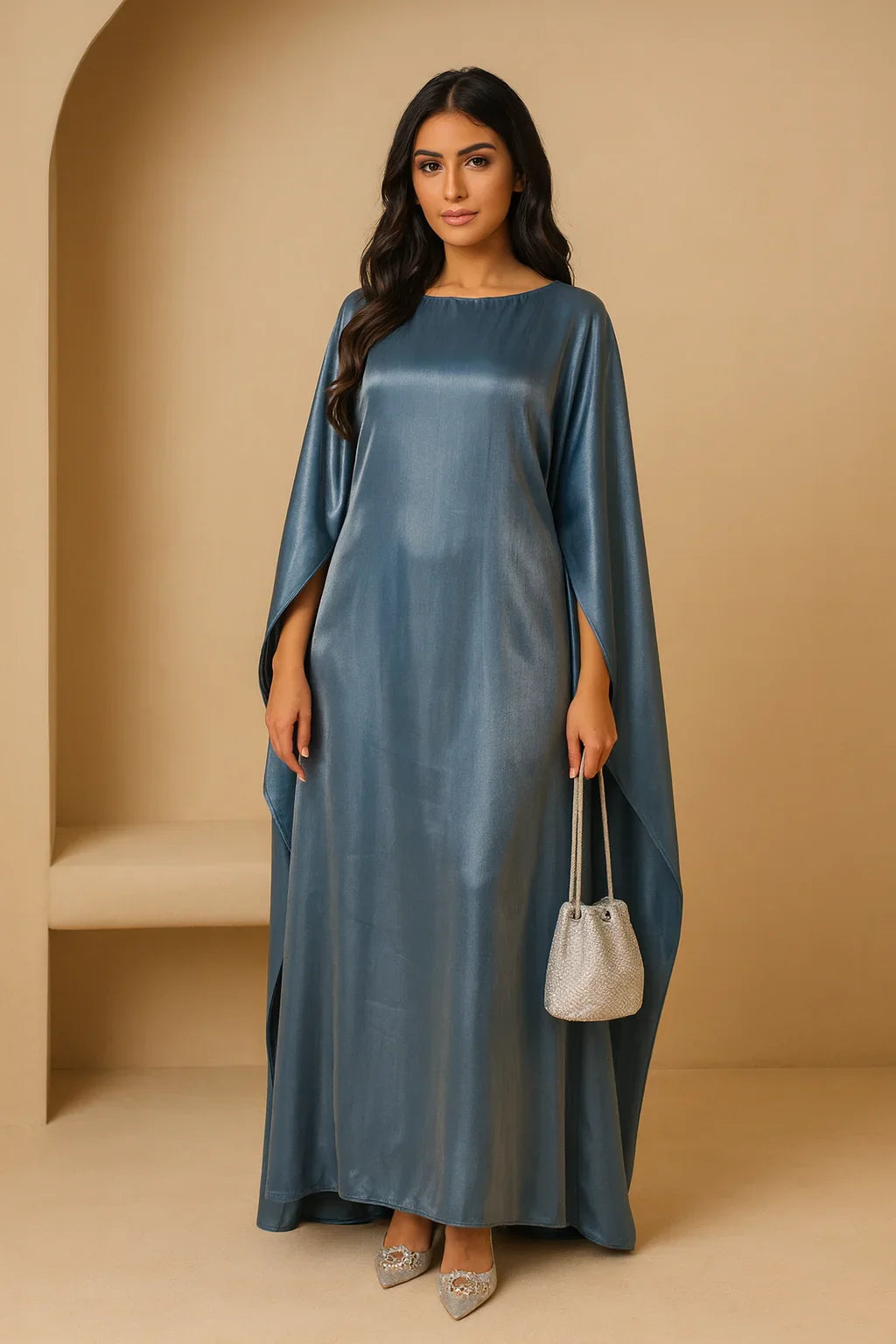 MH44 Plus Size Kaftan Abaya – Shiny Eid & Iftar Batwing Dress with Belt