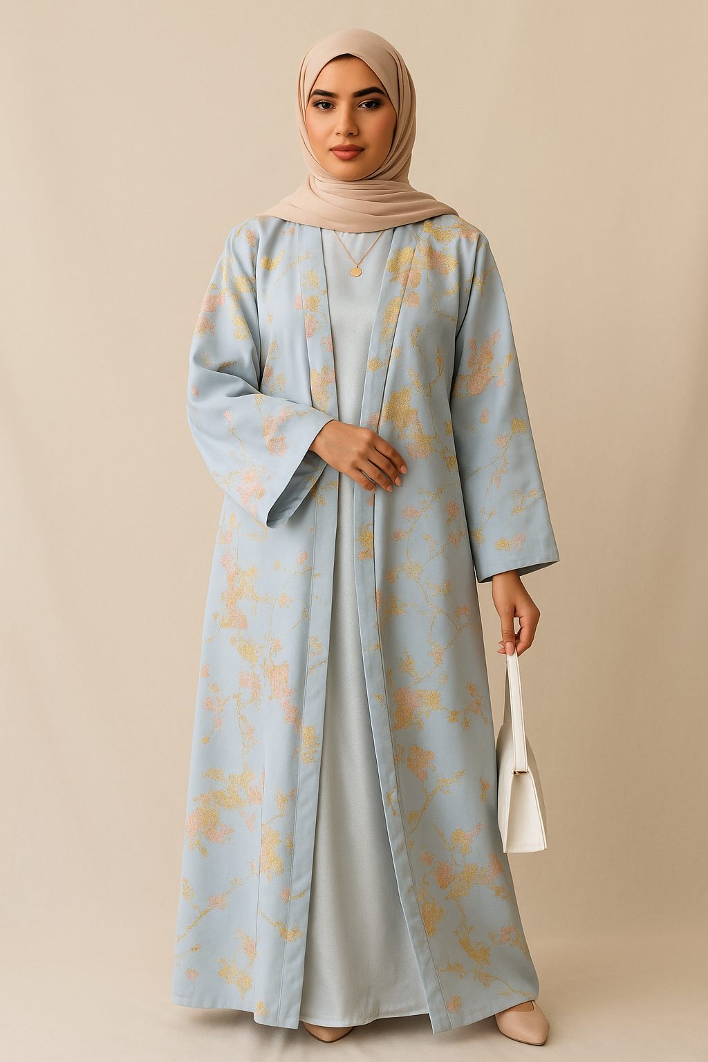 MH98 Sakura Pink Kimono Abaya – Embroidered Eid Abaya with Golden Details（Ship right away））