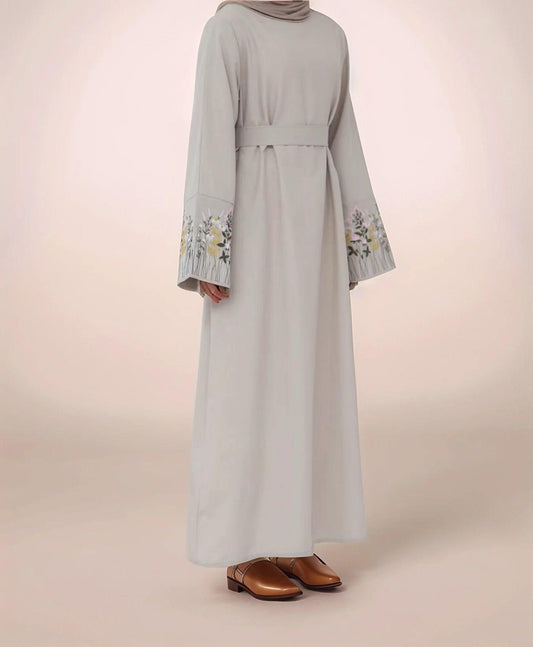 Elegant Floral Embroidered Wide Sleeve Linen Abaya | Modest Maxi Dress for Women - Mahathelabel