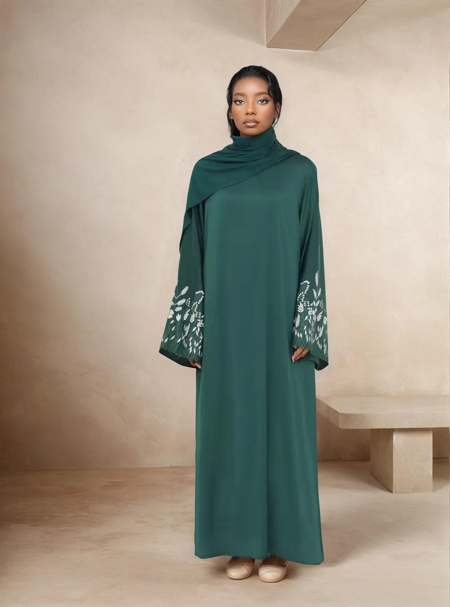 Embroidered Long Sleeve Kaftan Abaya| Modest Dress for Women/Emerald - Mahathelabel