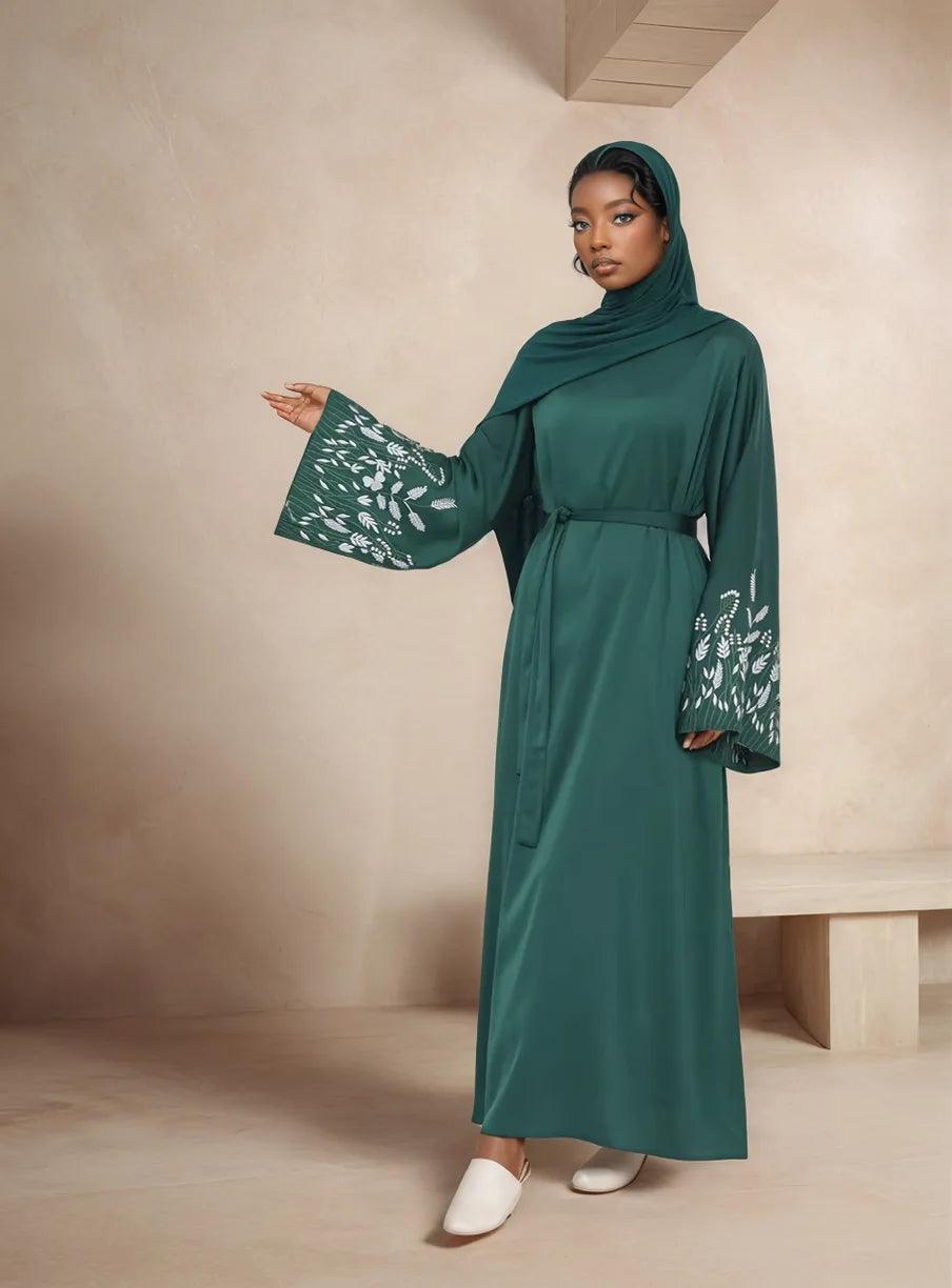 Embroidered Long Sleeve Kaftan Abaya| Modest Dress for Women/Emerald - Mahathelabel