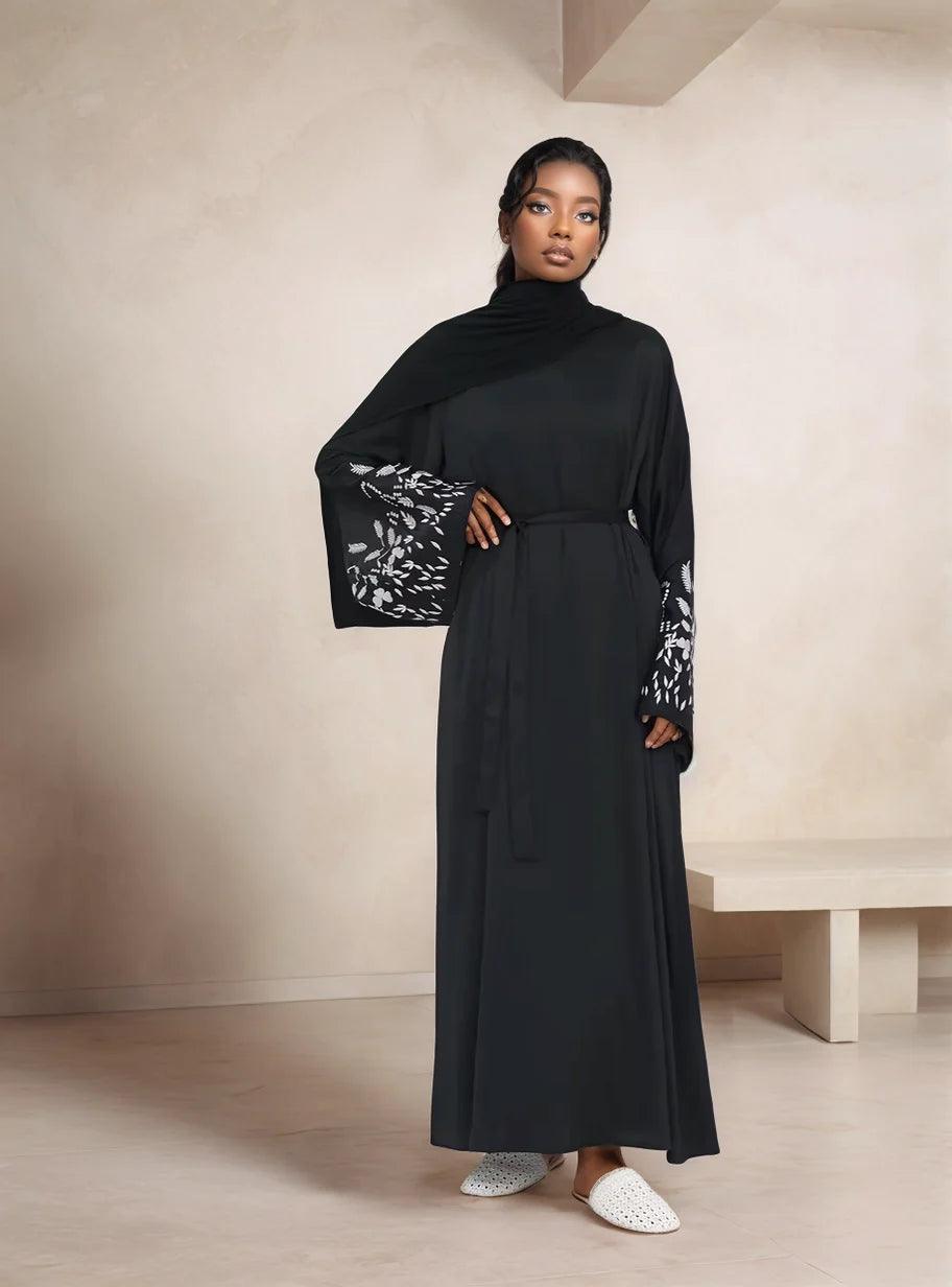 Embroidered Long Sleeve Kaftan Abaya-Black | Modest Dress for Women - Mahathelabel