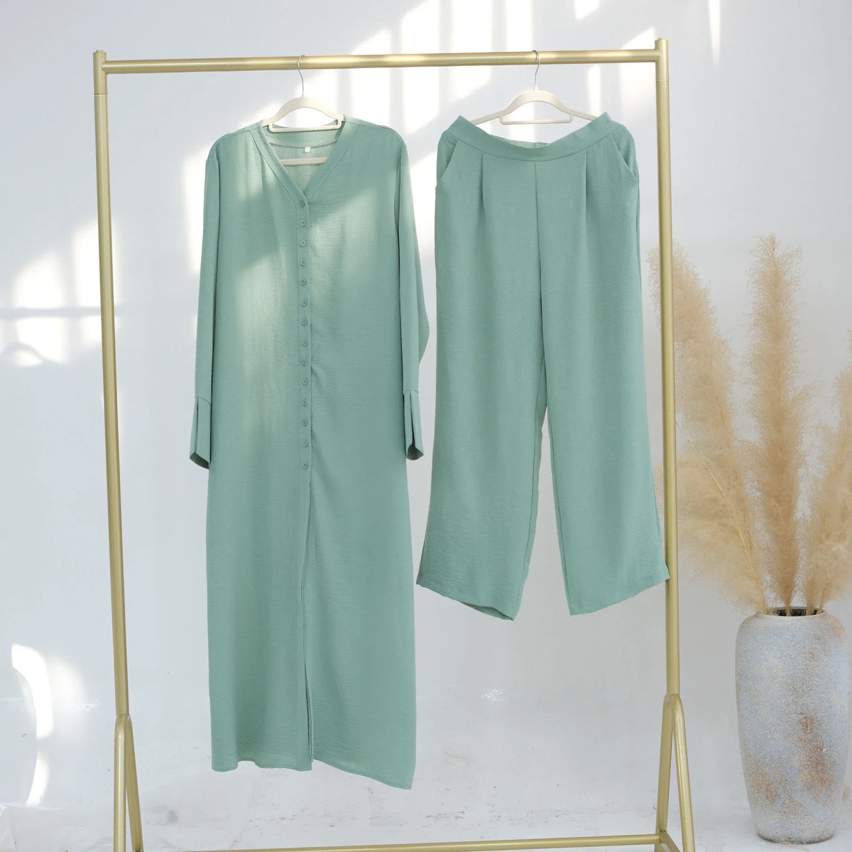 MH35 Samira Ironless Crepe Two-Piece Abaya Set | Buttoned Top & Wide-Leg Jazz Pants for Modest Summer Wear