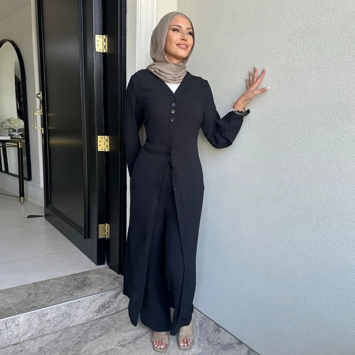 MH35 Samira Ironless Crepe Two-Piece Abaya Set | Buttoned Top & Wide-Leg Jazz Pants for Modest Summer Wear