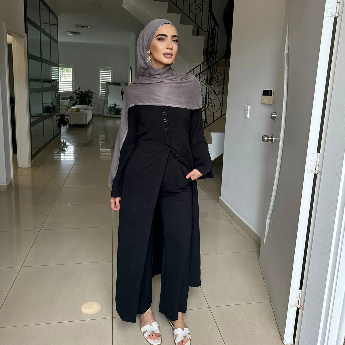 MH35 Samira Ironless Crepe Two-Piece Abaya Set | Buttoned Top & Wide-Leg Jazz Pants for Modest Summer Wear