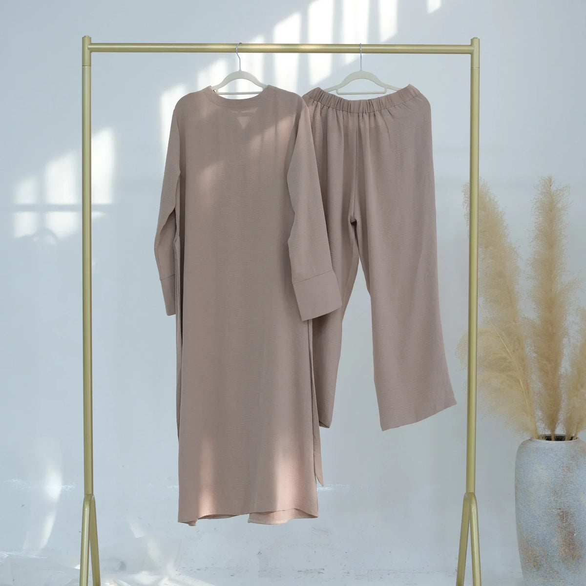 MH35 Samira Ironless Crepe Two-Piece Abaya Set | Buttoned Top & Wide-Leg Jazz Pants for Modest Summer Wear