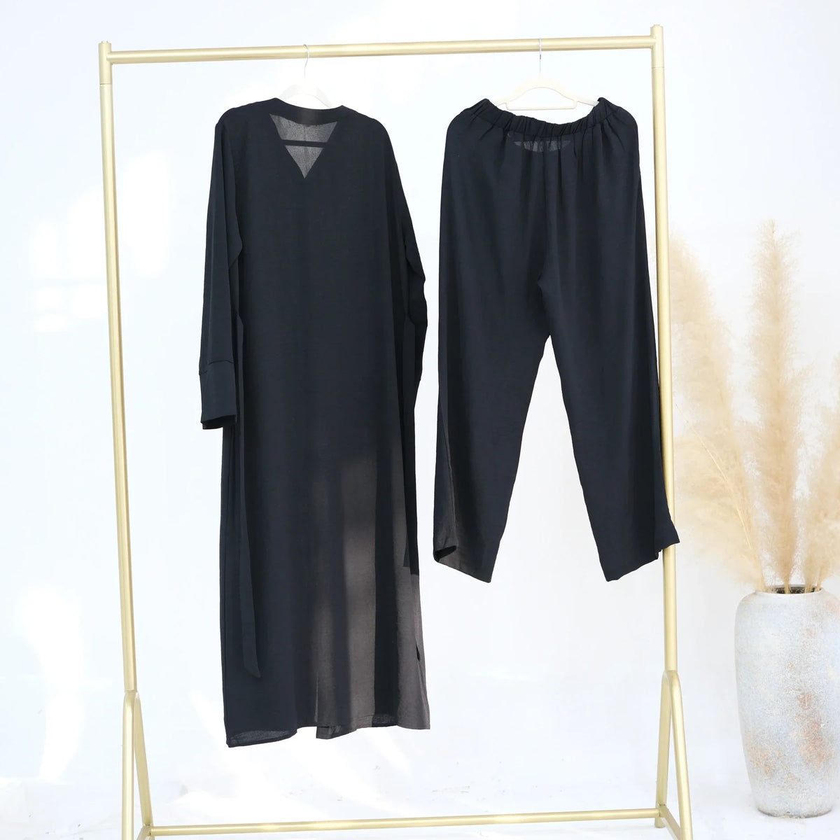 MH35 Samira Ironless Crepe Two-Piece Abaya Set | Buttoned Top & Wide-Leg Jazz Pants for Modest Summer Wear