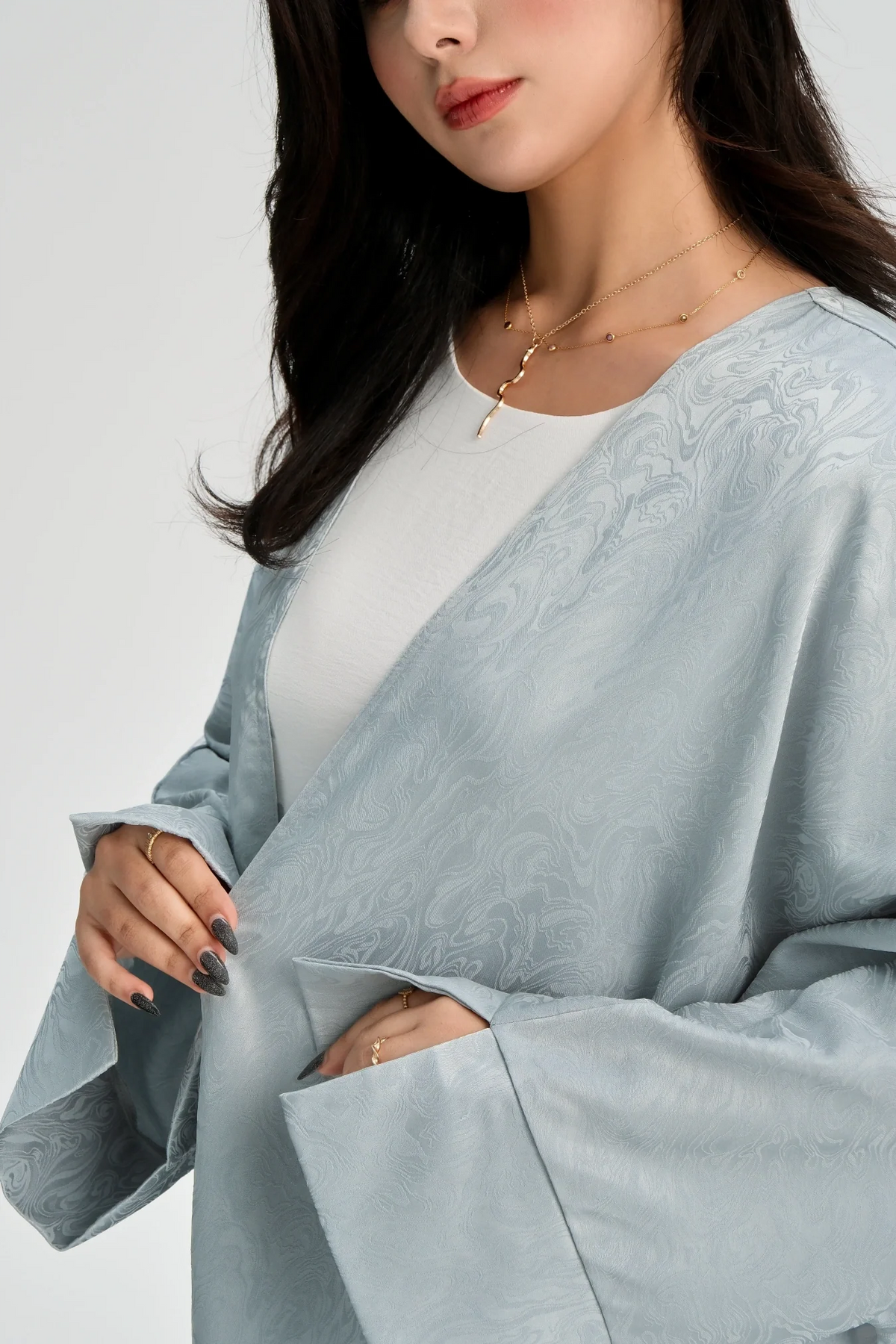 MH27 Jacquard Open Abaya | Split Sleeve Khaleeji Kaftan Cardigan for Women
