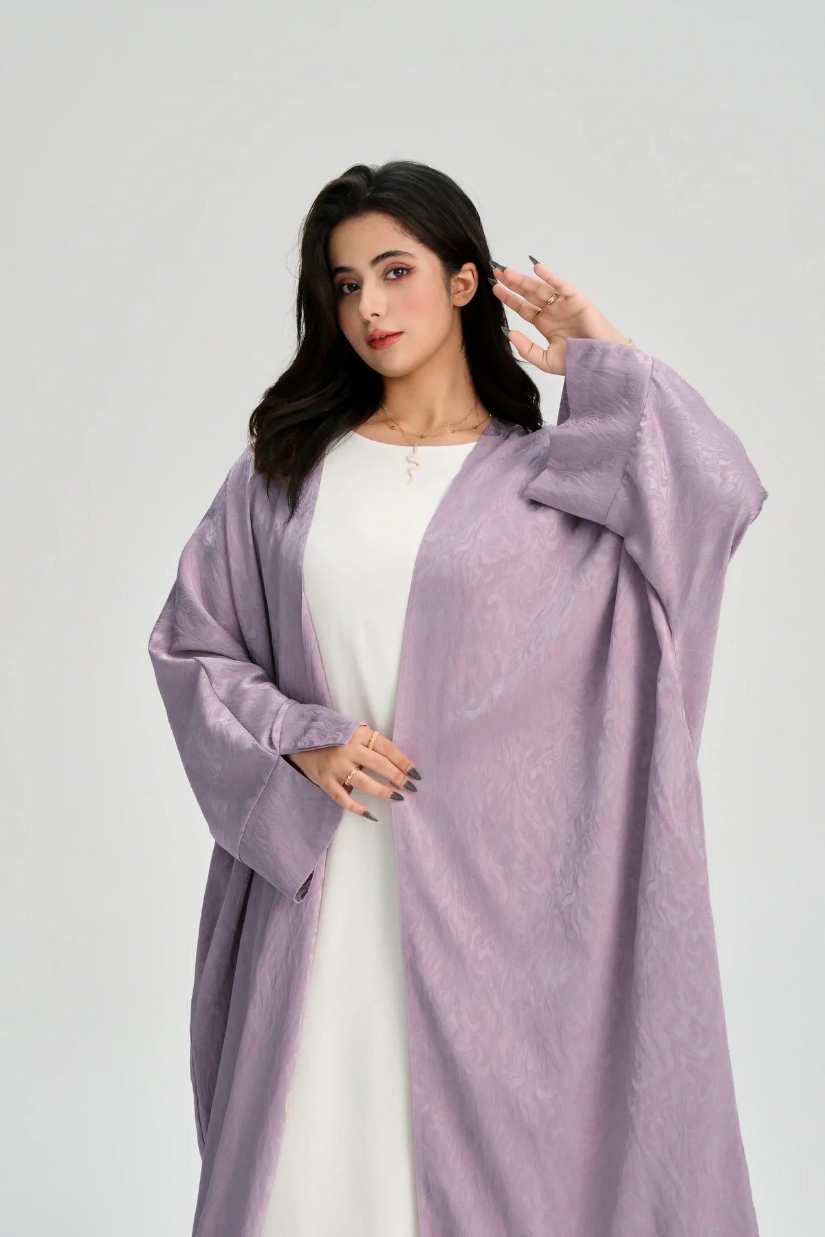 MH27 Jacquard Open Abaya | Split Sleeve Khaleeji Kaftan Cardigan for Women