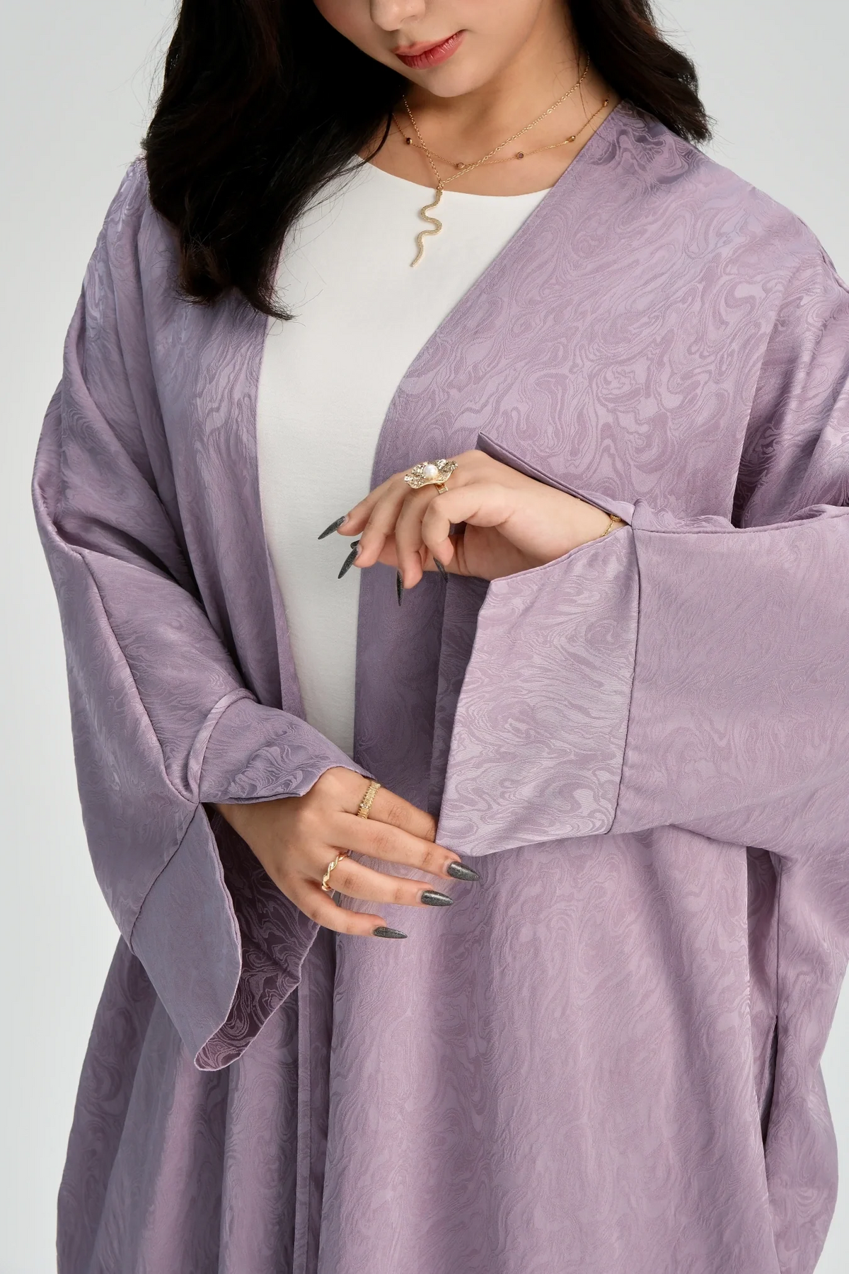 MH27 Jacquard Open Abaya | Split Sleeve Khaleeji Kaftan Cardigan for Women