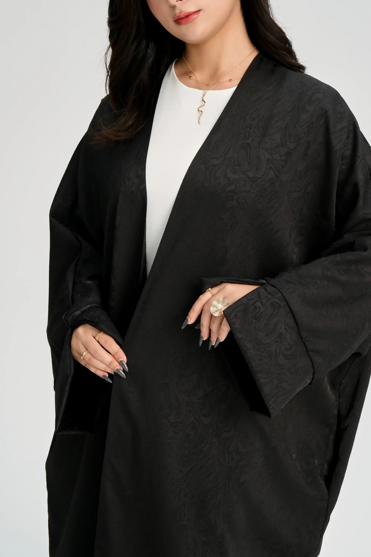 MH27 Jacquard Open Abaya | Split Sleeve Khaleeji Kaftan Cardigan for Women