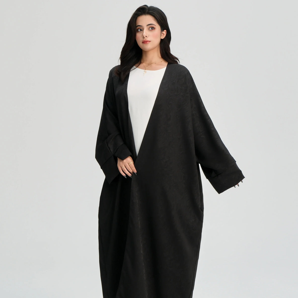 MH27 Jacquard Open Abaya | Split Sleeve Khaleeji Kaftan Cardigan for Women