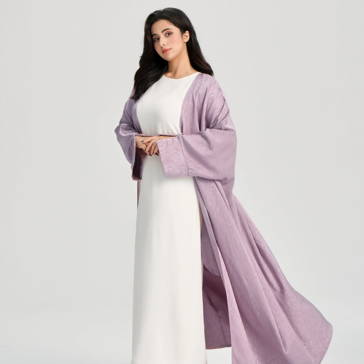 MH27 Jacquard Open Abaya | Split Sleeve Khaleeji Kaftan Cardigan for Women