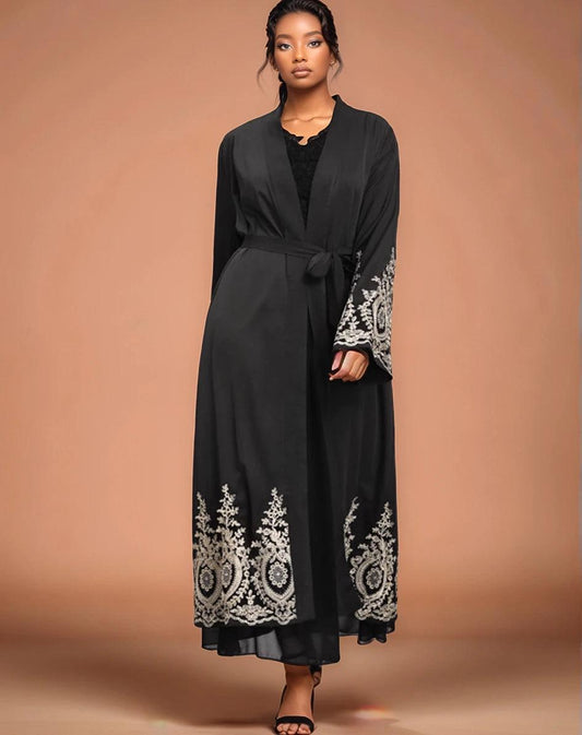Luxury Gold Embroidered Open Abaya | Premium Elegant Islamic Dress - Mahathelabel