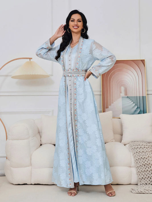 Elegant Summer 2-Piece Abaya Set – Sleeveless Dress & Embroi | front view | Maha The Label modest fashion outfit