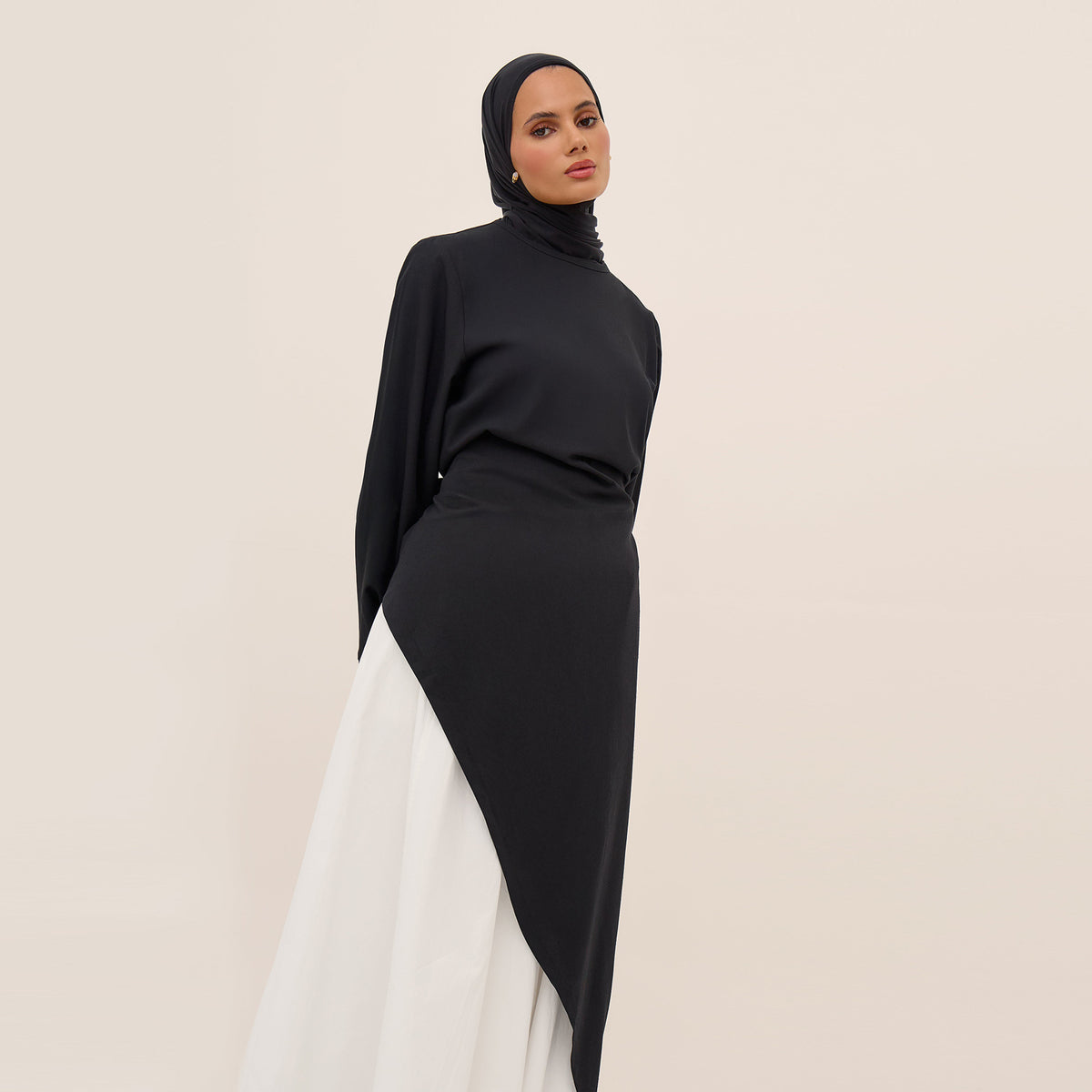 MH87 Modest Cotton-Linen Two-Piece Set – Asymmetric Drape Top & Maxi Skirt | Muslim Women Outfit for Eid & Daily Wear