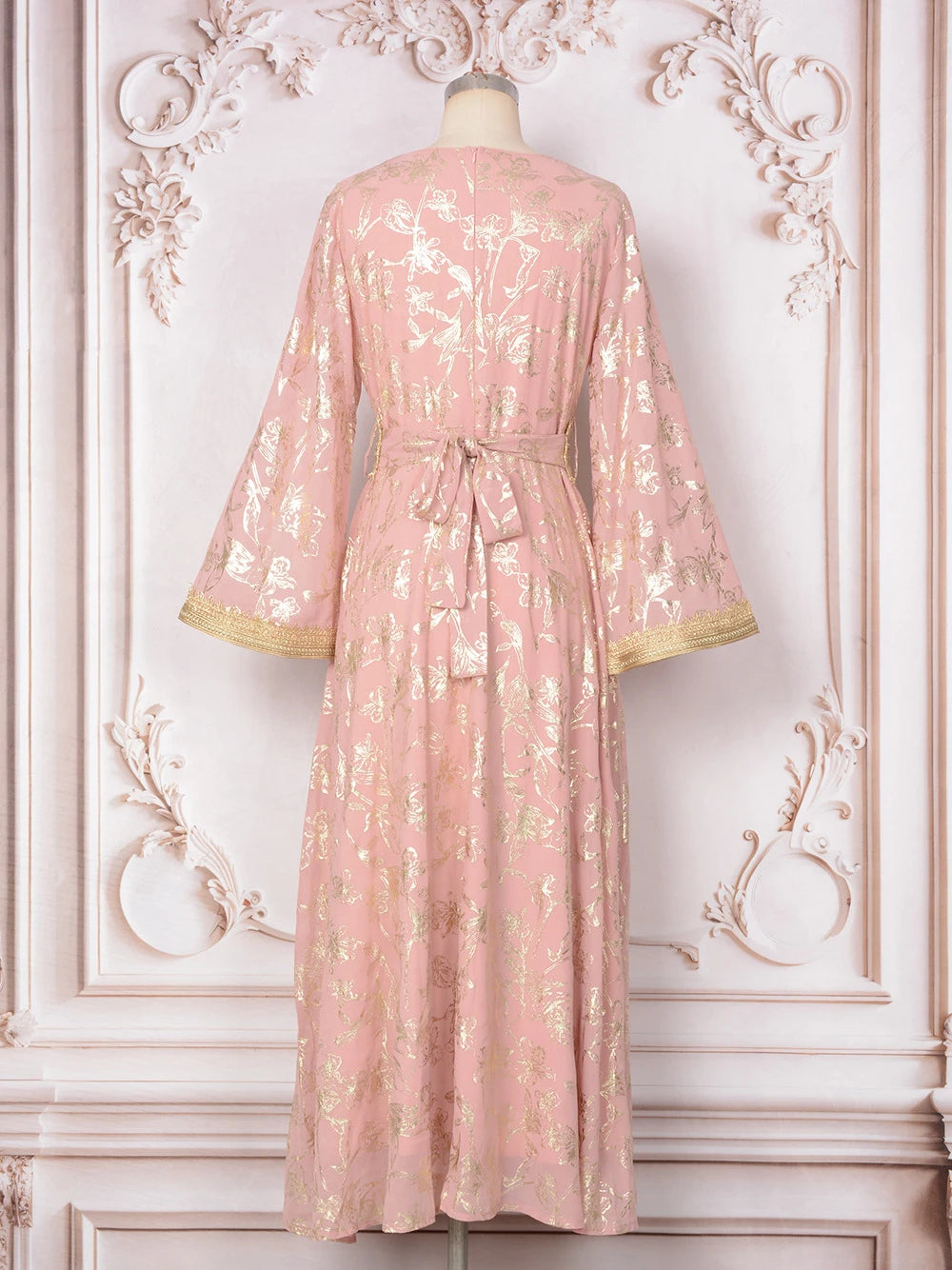 MH84 Summer Dubai Abaya Dress | Lightweight Gold Print Modest Maxi Kaftan