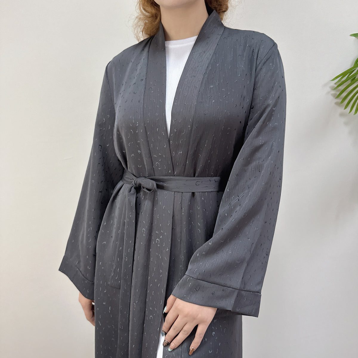 3D Jacquard Abaya – Elegant Belted Dress or Open Abaya | model wearing | Maha The Label modest wear