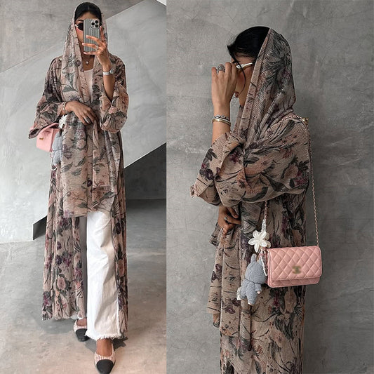 MH121 | Printed Floral Open Abaya Cardigan | Modest Kimono Robe for Women