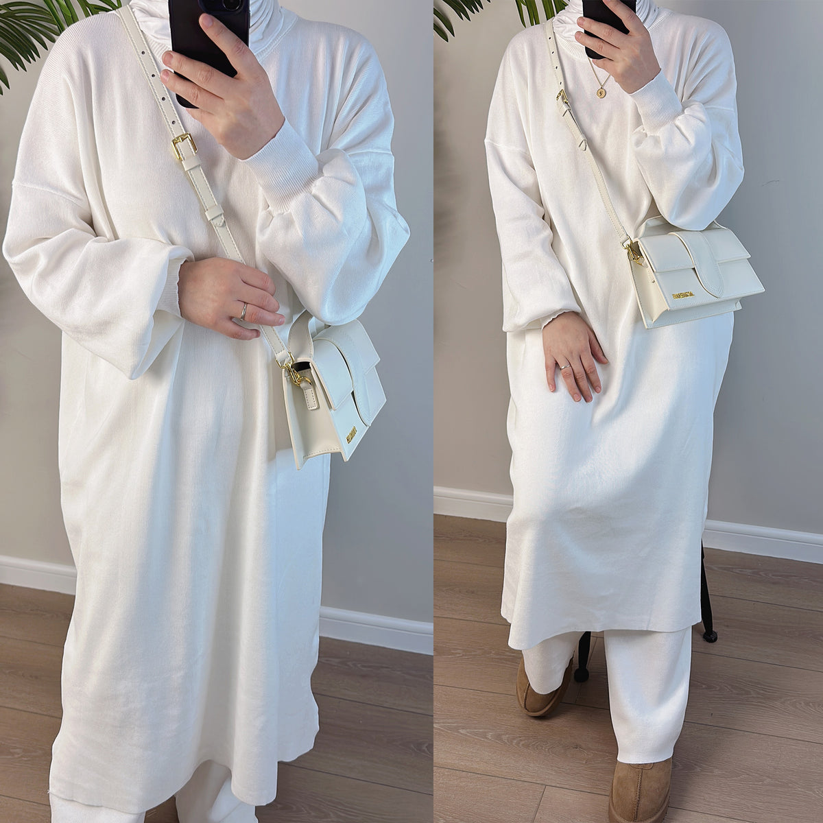 MH77 Thick Knit Sweater Dress + Wide-Leg Pants Set – Modest Two-Piece