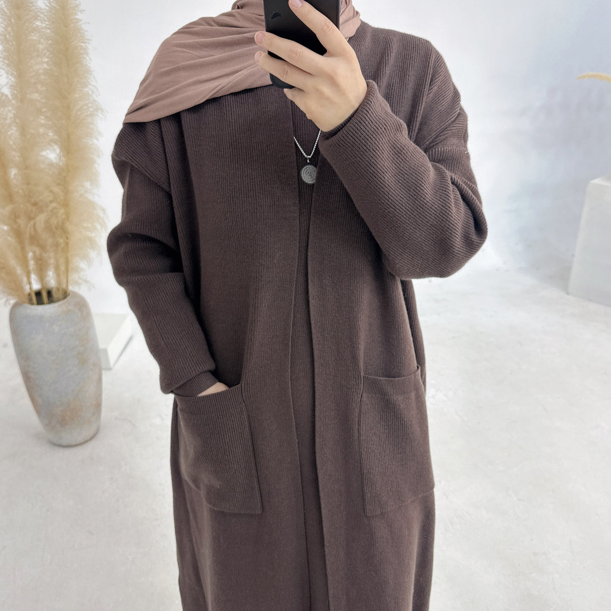MH82 Winter Knit Abaya Set – 2-Piece Modest Co-ord (Open Cardigan + Inner Dress) with Pockets
