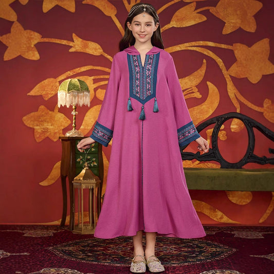 MH137 Girls Hooded Embroidery Maxi Dress – Tassel Trim Modest Eid Dress for Girls Ages 8–12