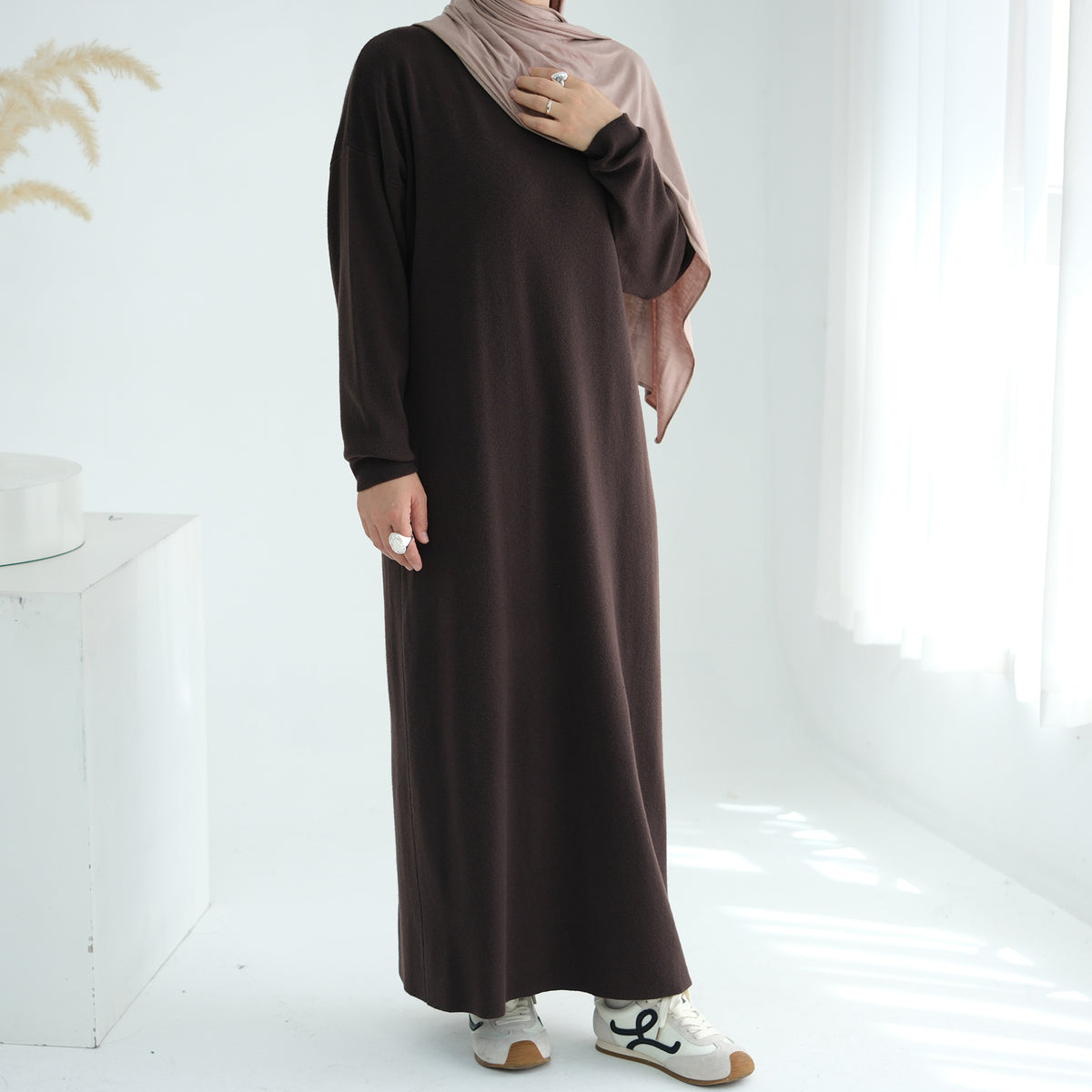 Autumn Winter Knit Maxi Dress for Muslim Women | Modest Long | model wearing | Maha The Label modest wear