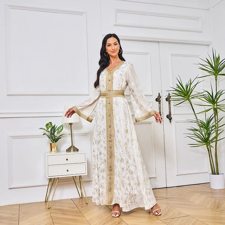 MH84 Summer Dubai Abaya Dress | Lightweight Gold Print Modest Maxi Kaftan