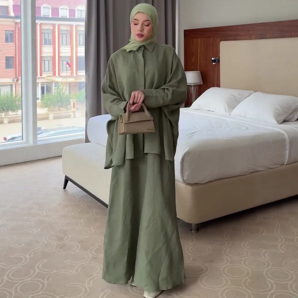 | Retro Lapel Cardigan Shirt & Long Skirt Set | Loose Modest | view 12 | Maha The Label modest fashion outfit