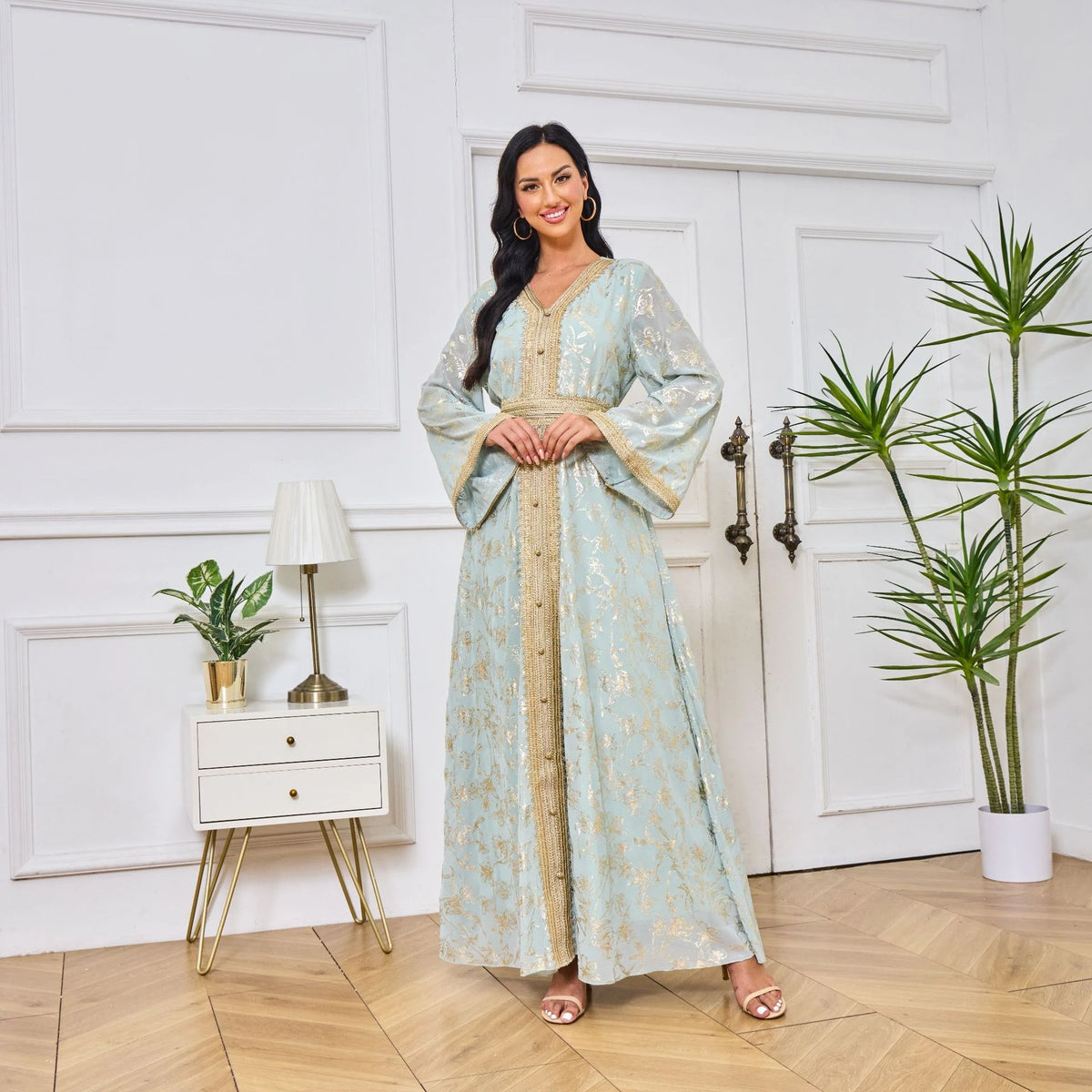 MH84 Summer Dubai Abaya Dress | Lightweight Gold Print Modest Maxi Kaftan