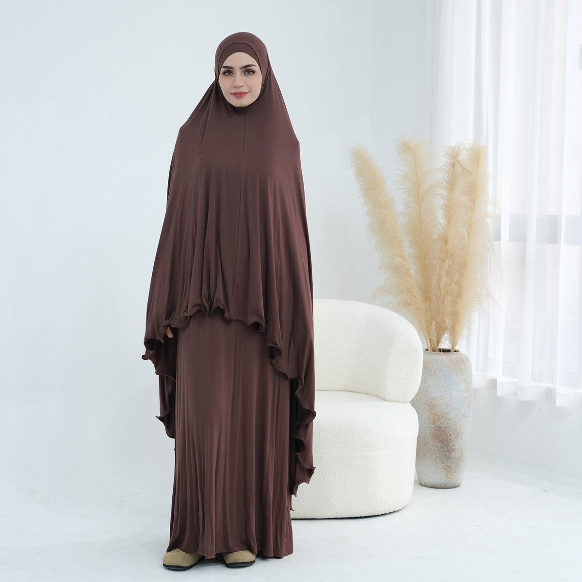 Modal Jersey Prayer Outfit Set – One-Piece Khimar & Long Dre | full length view | Maha The Label modest wear