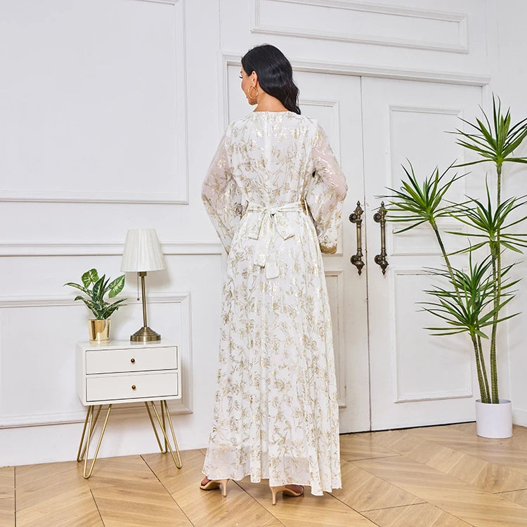 MH84 Summer Dubai Abaya Dress | Lightweight Gold Print Modest Maxi Kaftan