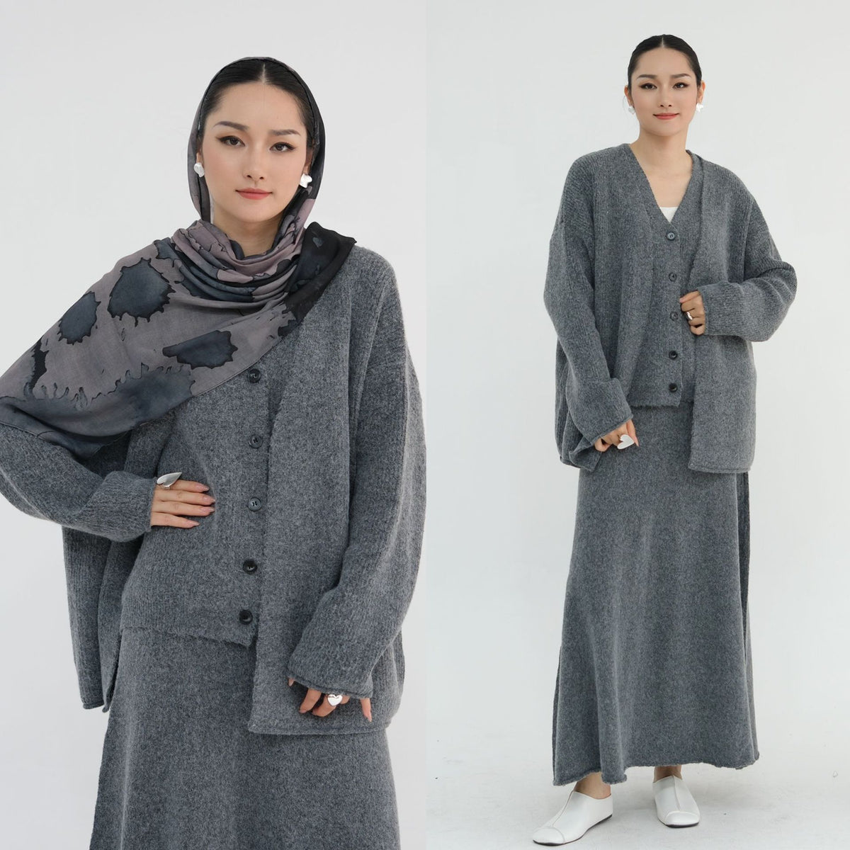 MH72 Winter Knit 3-Piece Abaya Set for Muslim Women – Modest Hijabi Co-ord (Cardigan + Vest + Skirt)