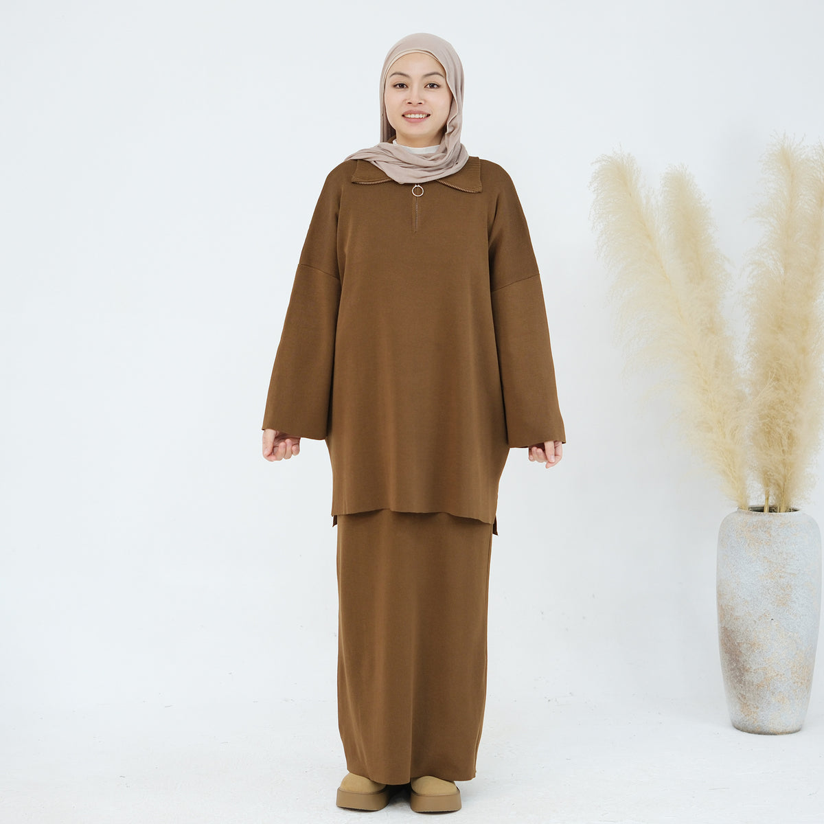 MH99 Thick Knit Two-Piece Set – Loose Sweater & Maxi Skirt for Winter
